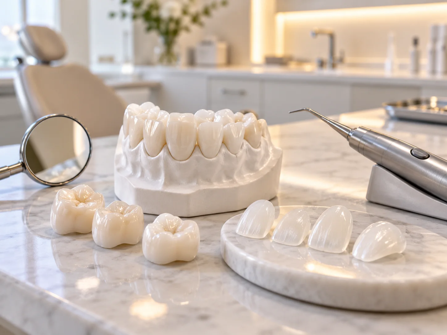 Porcelanowe korony i licówki na modelu stomatologicznym
